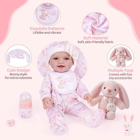 BABESIDE 8 Pcs Baby Doll Clothes Set with Bassinet for 12-15 Inch Dolls, Cute Bunny Baby Doll Clothes and Accessories with Bunny Toy, Feeding Bottle – Babydoll Accessories for Gilrs in Saudi Arabia