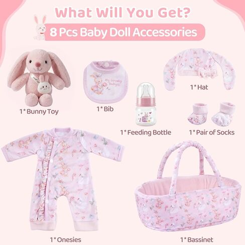 BABESIDE 8 Pcs Baby Doll Clothes Set with Bassinet for 12-15 Inch Dolls, Cute Bunny Baby Doll Clothes and Accessories with Bunny Toy, Feeding Bottle – Babydoll Accessories for Gilrs in Saudi Arabia