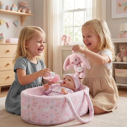 BABESIDE 8 Pcs Baby Doll Clothes Set with Bassinet for 12-15 Inch Dolls, Cute Bunny Baby Doll Clothes and Accessories with Bunny Toy, Feeding Bottle – Babydoll Accessories for Gilrs in Saudi Arabia