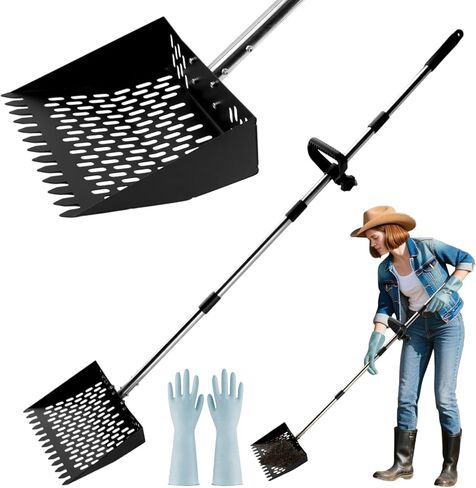 Chicken Poop Scooper & Rake 2-in-1,Metal Coop Shovel 10 inches Sand Sifting Shovel, Adjustable Length (23"–63"), Metal Sifting Shovel with Holes for Chicken Coop Cleaning in Kuwait