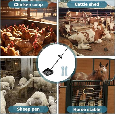 Chicken Poop Scooper & Rake 2-in-1,Metal Coop Shovel 10 inches Sand Sifting Shovel, Adjustable Length (23"–63"), Metal Sifting Shovel with Holes for Chicken Coop Cleaning in Kuwait