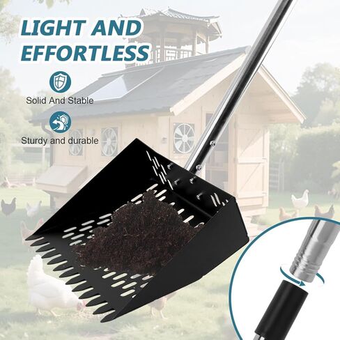 Chicken Poop Scooper & Rake 2-in-1,Metal Coop Shovel 10 inches Sand Sifting Shovel, Adjustable Length (23"–63"), Metal Sifting Shovel with Holes for Chicken Coop Cleaning in Kuwait