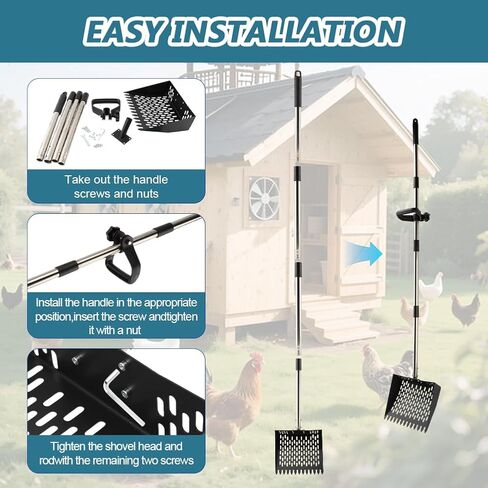 Chicken Poop Scooper & Rake 2-in-1,Metal Coop Shovel 10 inches Sand Sifting Shovel, Adjustable Length (23"–63"), Metal Sifting Shovel with Holes for Chicken Coop Cleaning in Kuwait