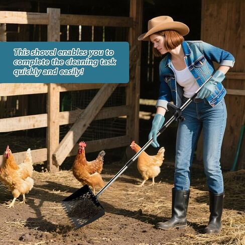 Chicken Poop Scooper & Rake 2-in-1,Metal Coop Shovel 10 inches Sand Sifting Shovel, Adjustable Length (23"–63"), Metal Sifting Shovel with Holes for Chicken Coop Cleaning in Kuwait