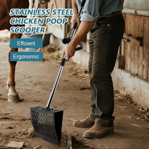 Chicken Poop Scooper & Rake 2-in-1,Metal Coop Shovel 10 inches Sand Sifting Shovel, Adjustable Length (23"–63"), Metal Sifting Shovel with Holes for Chicken Coop Cleaning in Kuwait