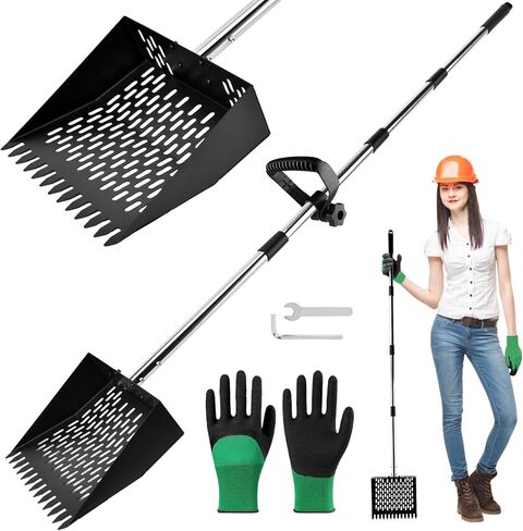 2 in 1 Chicken Poop Scooper & Rake with Gloves, Metal Sand Sifting Litter Shovel with Holes, Adjustable Length Chicken Manure Scoop for Chicken-Coops & Pet Waste-Cleaning(Size:Scoop+Gloves) in Saudi Arabia