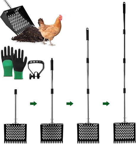 2 in 1 Chicken Poop Scooper & Rake with Gloves, Metal Sand Sifting Litter Shovel with Holes, Adjustable Length Chicken Manure Scoop for Chicken-Coops & Pet Waste-Cleaning(Size:Scoop+Gloves) in Saudi Arabia