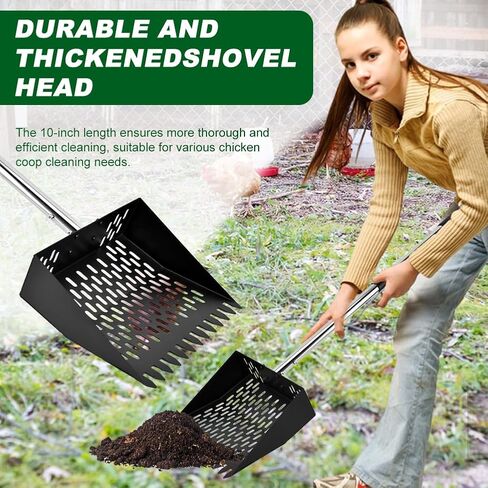 2 in 1 Chicken Poop Scooper & Rake with Gloves, Metal Sand Sifting Litter Shovel with Holes, Adjustable Length Chicken Manure Scoop for Chicken-Coops & Pet Waste-Cleaning(Size:Scoop+Gloves) in Saudi Arabia