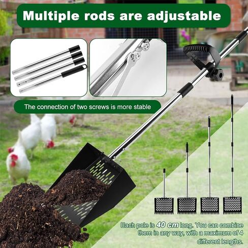 2 in 1 Chicken Poop Scooper & Rake with Gloves, Metal Sand Sifting Litter Shovel with Holes, Adjustable Length Chicken Manure Scoop for Chicken-Coops & Pet Waste-Cleaning(Size:Scoop+Gloves) in Saudi Arabia