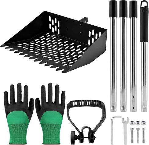 2 in 1 Chicken Poop Scooper & Rake with Gloves, Metal Sand Sifting Litter Shovel with Holes, Adjustable Length Chicken Manure Scoop for Chicken-Coops & Pet Waste-Cleaning(Size:Scoop+Gloves) in Saudi Arabia