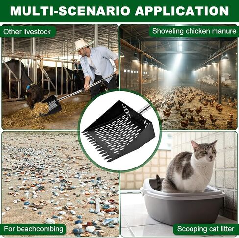 2 in 1 Chicken Poop Scooper & Rake with Gloves, Metal Sand Sifting Litter Shovel with Holes, Adjustable Length Chicken Manure Scoop for Chicken-Coops & Pet Waste-Cleaning(Size:Scoop+Gloves) in Saudi Arabia