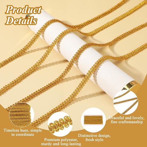 Gold Trim for Sewing, 14.8 Yards 0.31 Inch Gold Trim Lace Trims Gimp Ribbon Woven Braid Decoration Gimp Trims for Costume DIY Crafts Upholstery Curtain Slipcover Metallic Clothes Home Decor in Saudi Arabia