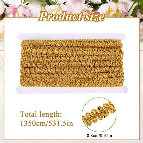 Gold Trim for Sewing, 14.8 Yards 0.31 Inch Gold Trim Lace Trims Gimp Ribbon Woven Braid Decoration Gimp Trims for Costume DIY Crafts Upholstery Curtain Slipcover Metallic Clothes Home Decor in Saudi Arabia