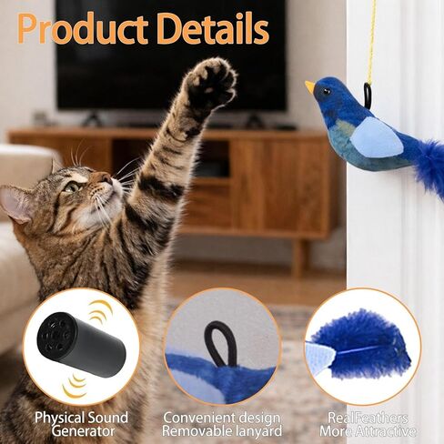 Interactive Hanging Bird Cat Toys, 3 Pack Plush Bird Cat Toy with Feather & Catnip, Movement-Activated Physical Sound, Adjustable Door Frame Self Play Toy for Indoor Cats in Saudi Arabia