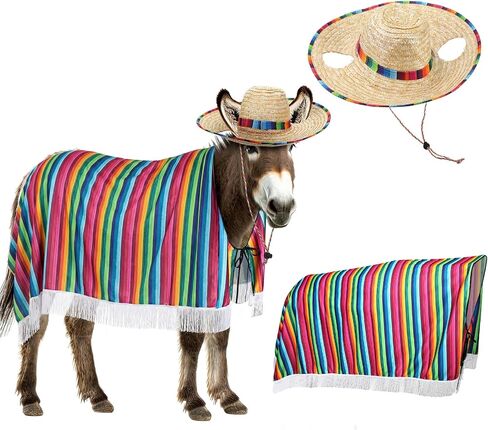Lyrow 2 جهاز كمبيوتر شخصى المكسيكي زي حمار الملحقات Sombrero وبطانيات المعطف للحمير الحقيقية الزي موكب مضحك للحصان حيوان كبير Feria Del Burro Cinco De Mayo Fiesta Party Donkey Owner Gift in Saudi Arabia