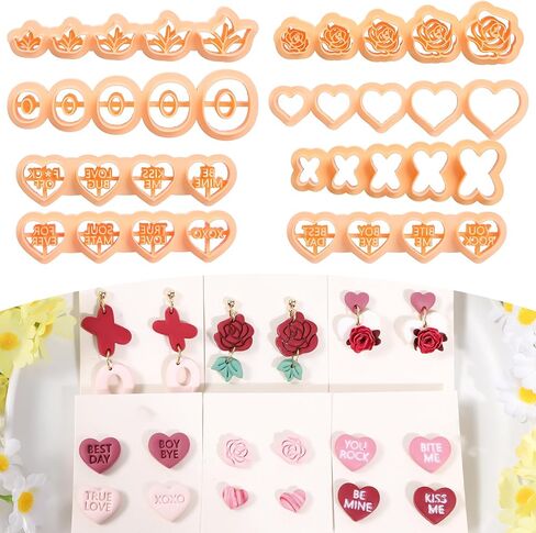 Puocaon Valentine's Day Clay Cutters - 8 Pcs Polymer Clay Cutters for Earrings Jewelry, Rose Flower Leaves Valentine Heart Slang Reapting Shape Easily Print Theme in Saudi Arabia