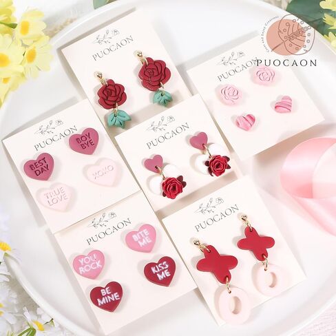 Puocaon Valentine's Day Clay Cutters - 8 Pcs Polymer Clay Cutters for Earrings Jewelry, Rose Flower Leaves Valentine Heart Slang Reapting Shape Easily Print Theme in Saudi Arabia