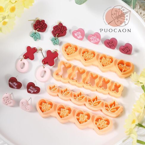 Puocaon Valentine's Day Clay Cutters - 8 Pcs Polymer Clay Cutters for Earrings Jewelry, Rose Flower Leaves Valentine Heart Slang Reapting Shape Easily Print Theme in Saudi Arabia