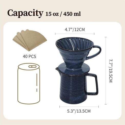 ماكينة صنع القهوة من السيراميك العتيق مع قطارة على شكل V60 و40 مرشحًا ورقيًا (أزرق) in Kuwait