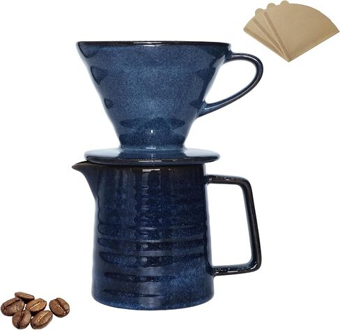 ماكينة صنع القهوة من السيراميك العتيق مع قطارة على شكل V60 و40 مرشحًا ورقيًا (أزرق) in Kuwait