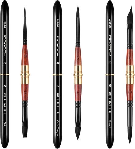 فرش ألوان مائية للسفر ذات طرف مزدوج، مجموعة من 3 قطع من شعر السنجاب الصناعي من Fuumuui مكونة من 6 رؤوس متعددة الاستخدامات مع حقيبة جلدية مثالية للرسم بالحبر الغواش بالألوان المائية in Kuwait