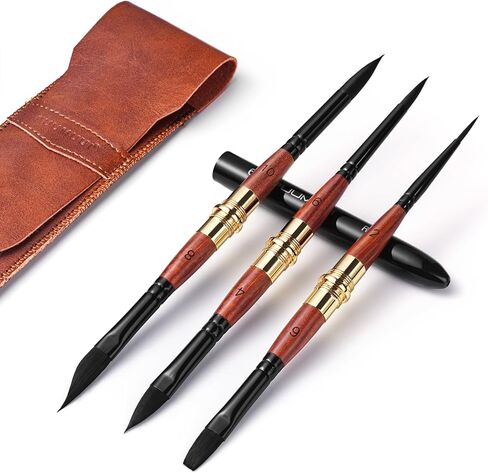 Dual Tip Travel Watercolor Brushes, Fuumuui 3pcs Synthetic Squirrel Hair Set of 6 Versatile Tips with Leather Pouch Perfect for Watercolor Gouache Ink Painting in Saudi Arabia