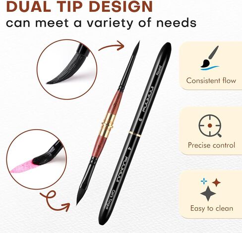 Dual Tip Travel Watercolor Brushes, Fuumuui 3pcs Synthetic Squirrel Hair Set of 6 Versatile Tips with Leather Pouch Perfect for Watercolor Gouache Ink Painting in Saudi Arabia