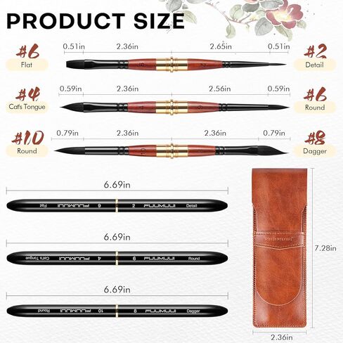 Dual Tip Travel Watercolor Brushes, Fuumuui 3pcs Synthetic Squirrel Hair Set of 6 Versatile Tips with Leather Pouch Perfect for Watercolor Gouache Ink Painting in Saudi Arabia