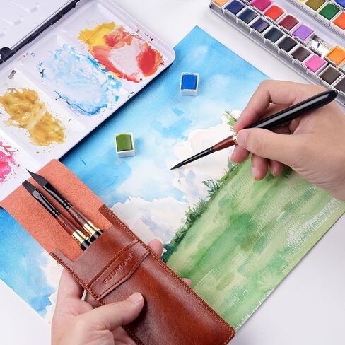 Dual Tip Travel Watercolor Brushes, Fuumuui 3pcs Synthetic Squirrel Hair Set of 6 Versatile Tips with Leather Pouch Perfect for Watercolor Gouache Ink Painting in Saudi Arabia