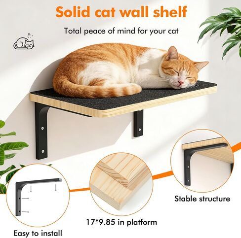 2PCS Cat Wall Shelves with Felt Board,17x9.85 Inch Solid Wood Cat Wall Furniture, Wall Mounted Cats Shelves for Sleeping, Climbing and Scratching in Kuwait