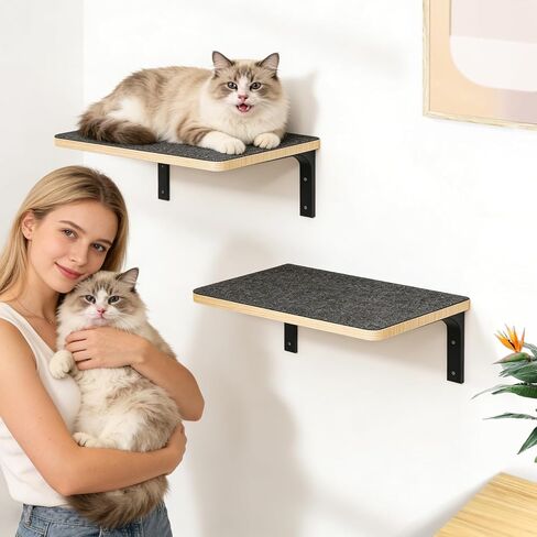 2PCS Cat Wall Shelves with Felt Board,17x9.85 Inch Solid Wood Cat Wall Furniture, Wall Mounted Cats Shelves for Sleeping, Climbing and Scratching in Kuwait
