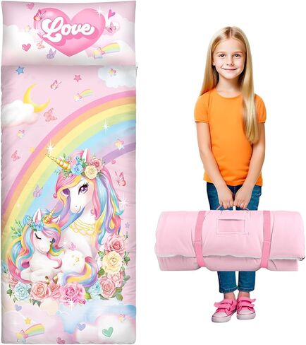 Toddler Nap Mat Kids Sleeping Bag 59‘’×24‘’, Soft Slumber Bag with Removable Pillow for Kids Girls Boys,Roll Up Sleeping Mat Lightweight for Camping,Daycare, Kindergarden in Saudi Arabia