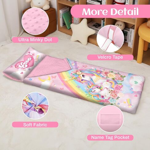 Toddler Nap Mat Kids Sleeping Bag 59‘’×24‘’, Soft Slumber Bag with Removable Pillow for Kids Girls Boys,Roll Up Sleeping Mat Lightweight for Camping,Daycare, Kindergarden in Saudi Arabia