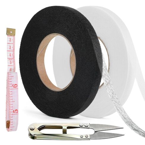 140 Yards 2 Rolls 0.59 Inch No Sew Fabric Fusible Adhesive Tape Stitch Witchery Hemming Tape Iron On for Fabric, Stitch Witchery with Scissors and Tapes Measure for Pants, Curtains, Dresses in Kuwait
