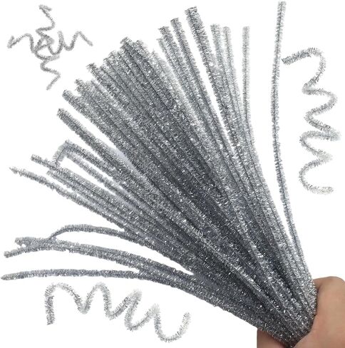100 Pcs Silver Pipe Cleaners Craft, Silver Chenille Stem Supplies Pipe Cleaners Supplies Fuzzy Craft Sticks for DIY Art Craft Projects Home Decoration in Saudi Arabia