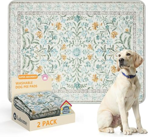 Lahome Washable Reusable Pee Pads for Dogs - Beige Botanical Floral 2 Pack Puppy Pads, Super Absorbent & Waterproof Training Mats for Crate & Floor - Leakproof with Non-Slip Backing (36"x36") in Saudi Arabia