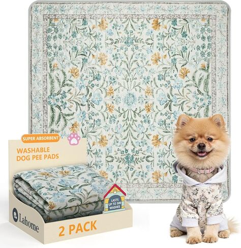 Lahome Washable Reusable Pee Pads for Dogs - Beige Botanical Floral 2 Pack Puppy Pads, Super Absorbent & Waterproof Training Mats for Crate & Floor - Leakproof with Non-Slip Backing (36"x36") in Saudi Arabia