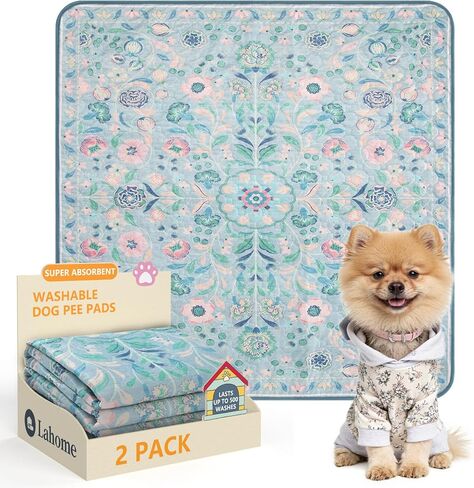 Lahome Washable Reusable Pee Pads for Dogs - Beige Botanical Floral 2 Pack Puppy Pads, Super Absorbent & Waterproof Training Mats for Crate & Floor - Leakproof with Non-Slip Backing (36"x36") in Saudi Arabia