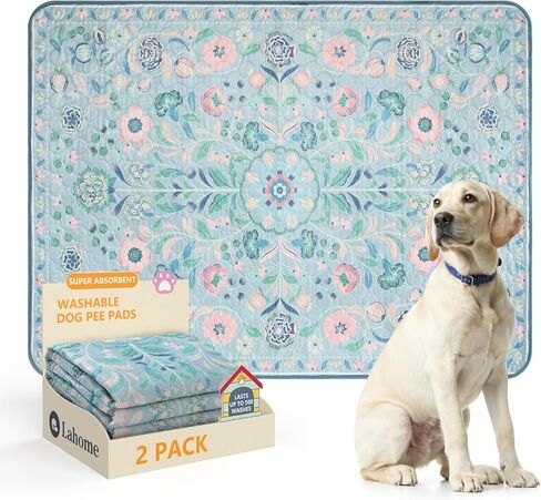 Lahome Washable Reusable Pee Pads for Dogs - Beige Botanical Floral 2 Pack Puppy Pads, Super Absorbent & Waterproof Training Mats for Crate & Floor - Leakproof with Non-Slip Backing (36"x36") in Saudi Arabia
