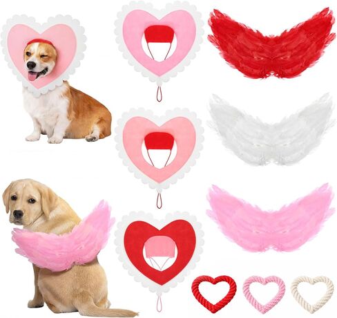 9 Pcs Dog Valentine's Day Outfit with White Feather Wing Heart Hat Headband Heart Shaped Rope Toy Love Themed Dog Outfits Pet Scarf for Medium Dogs Holiday Accessory(13.8 Inches/ 35 cm) in Saudi Arabia
