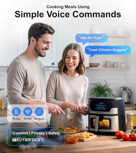 Emerson SmartVoice 5.3QT 6-in-1 Air Fryer, 1000+ Voice Control Commands, 100+ Recognized Food, No APP, No WIFI, No Setup, Nonstick Basket, Air Fry, Bake, Reheat, Dehydrate, 1500W in Saudi Arabia
