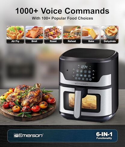 Emerson SmartVoice 5.3QT 6-in-1 Air Fryer, 1000+ Voice Control Commands, 100+ Recognized Food, No APP, No WIFI, No Setup, Nonstick Basket, Air Fry, Bake, Reheat, Dehydrate, 1500W in Saudi Arabia