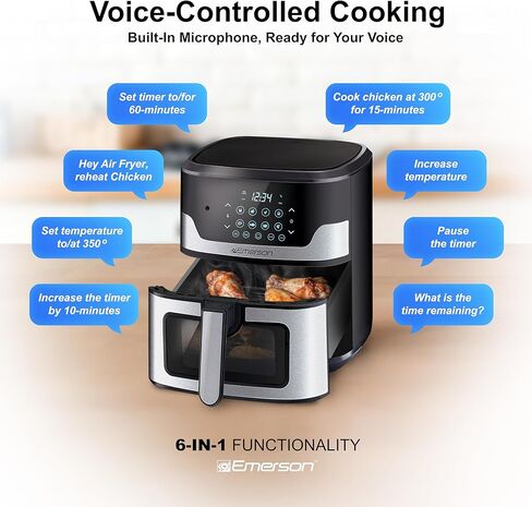 Emerson SmartVoice 5.3QT 6-in-1 Air Fryer, 1000+ Voice Control Commands, 100+ Recognized Food, No APP, No WIFI, No Setup, Nonstick Basket, Air Fry, Bake, Reheat, Dehydrate, 1500W in Saudi Arabia
