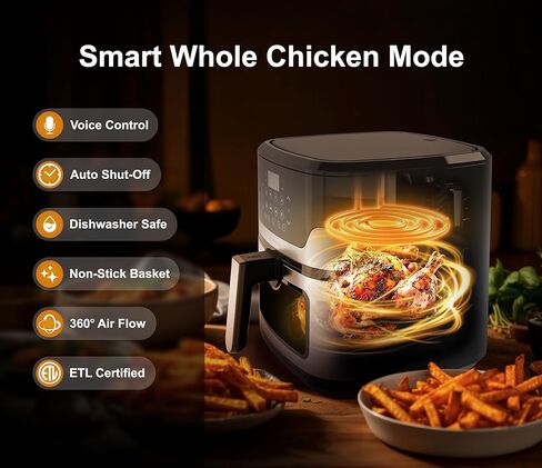 Emerson SmartVoice 5.3QT 6-in-1 Air Fryer, 1000+ Voice Control Commands, 100+ Recognized Food, No APP, No WIFI, No Setup, Nonstick Basket, Air Fry, Bake, Reheat, Dehydrate, 1500W in Saudi Arabia