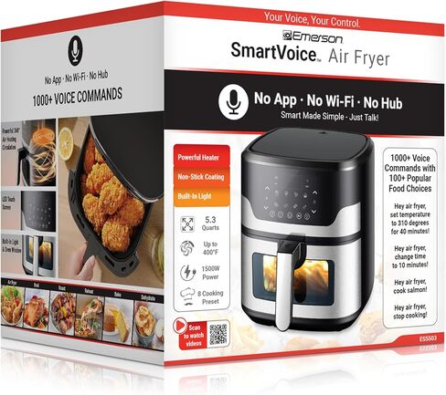 Emerson SmartVoice 5.3QT 6-in-1 Air Fryer, 1000+ Voice Control Commands, 100+ Recognized Food, No APP, No WIFI, No Setup, Nonstick Basket, Air Fry, Bake, Reheat, Dehydrate, 1500W in Saudi Arabia