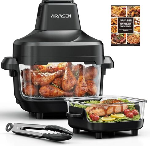 مقلاة هوائية زجاجية قابلة للشرب من AIRMSEN، غير سامة، 4.8QT و1.3QT، 4 إعدادات مسبقة وتحكم يدوي، حرارة دقيقة 140–450 درجة فهرنهايت، زيت أقل بنسبة 95%، إيقاف مؤقت واستئناف تلقائي، آمنة للاستخدام في الميكروويف وغسالة الأطباق in Kuwait