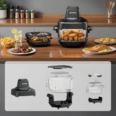 مقلاة هوائية زجاجية قابلة للشرب من AIRMSEN، غير سامة، 4.8QT و1.3QT، 4 إعدادات مسبقة وتحكم يدوي، حرارة دقيقة 140–450 درجة فهرنهايت، زيت أقل بنسبة 95%، إيقاف مؤقت واستئناف تلقائي، آمنة للاستخدام في الميكروويف وغسالة الأطباق in Kuwait