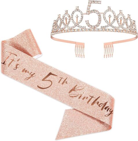 BRT Bearingshui Rose Gold Crown 5 & Fabulous Sash and Tiara for Girls, Gifts for Happy 5th Birthday Party Favor Supplies in Saudi Arabia