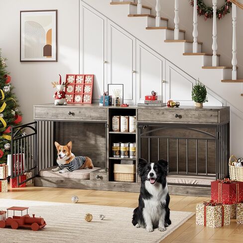 أثاث قفص للكلاب من GarveeHome لكلبين، بيت للكلاب داخلي مع أوعية تخزين وإطعام، حامل تلفزيون مزدوج للكلاب المتوسطة الصغيرة، رمادي in Kuwait