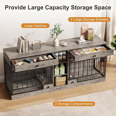 أثاث قفص للكلاب من GarveeHome لكلبين، بيت للكلاب داخلي مع أوعية تخزين وإطعام، حامل تلفزيون مزدوج للكلاب المتوسطة الصغيرة، رمادي in Kuwait